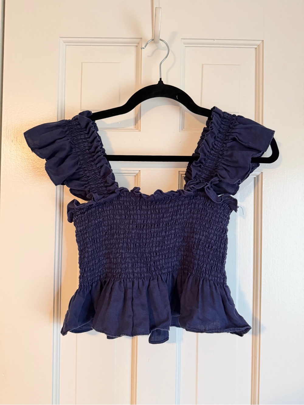 Hill House Navy Smocked Ruffle Strap Crop Top